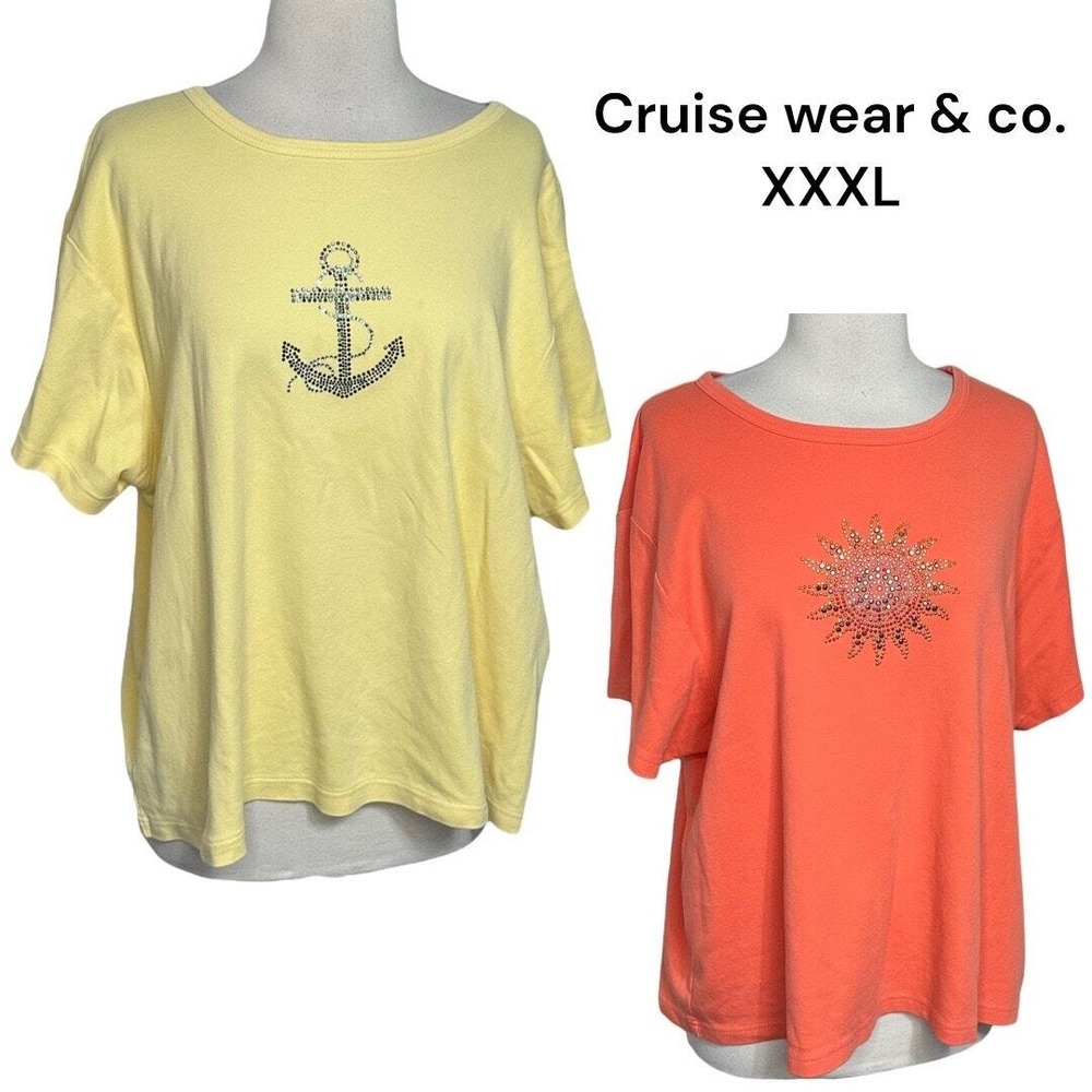 Cruise wear & co. T-Shirt XXXL Yellow Orange Rhinestone Anchor‎ Sun Graphic 2PK